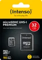 Produktbild: Intenso microSDHC Card 32GB, Premium, Class 10, U1 (R) 90MB/s, (W) 10MB/s, SD-Adapter, Retail-Blister