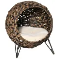 Produktbild: PawHut Katzenhaus aus Rattan mit Kissen Katzenschlafplatz Katzenhöhle mit erhöhten Füßen Braun Ø52 x 58 cm
