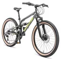 Produktbild: BIKESTAR Kinder Fahrrad Aluminium Fully Mountainbike 21 Gang Shimano, Scheibenbremse ab 9-14 Jahre | 24 Zoll Kinderrad Vollgefedert MTB | Schwarz