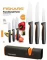 Produktbild: FISKARS MESSERSET, 3 KÜCHENMESSER + MESSERSCHÄRFER, MESSER JAPANISCHER EDELSTAHL