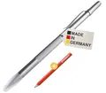 Produktbild: BAUHELD® Anreissnadel Metall 150mm [Made in Germany] - Reißnadel mit eingelöteter Hartmetall-Spitze - Anreißwerkzeug aus Stahl [Inklusive Tischler-Bleistift] - Mit Befestigungsclip und Schutzkappe