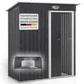 Produktbild: Juskys Gerätehaus Metall 1 m² – Geräteschuppen mit Pultdach, Schiebetür & Fundamentrahmen, kleines Gartenhaus als Gartenschrank 161x86x181 cm – Anthrazit