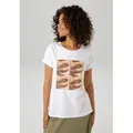 Produktbild: T-Shirt ANISTON CASUAL, Damen, Gr. 40/42, weiß (weiß, dunkelbraun, orange, apricot), Single Jersey, Obermaterial: 100% Baumwolle, Glitzermuster, bedruckt, figurumspielend hüftbedeckend, Rundhals, Shirts T-Shirt, mit Glitzer verzierter Frontdruck