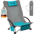 Produktbild: Skandika Strand Campingstuhl Beach | Bequemer Strandstuhl mit atmungsaktivem Mesh, Getränkehalter, niedrig, leicht zu transportieren, max. 136 kg | Faltbarer Klappstuhl, Liegestuhl (grau/blau)
