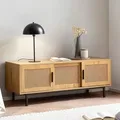 Produktbild: FineBuy Lowboard Eiche-Nachbildung mit Wiener Geflecht 120x45,5x40 cm TV-Kommode Zeitlos mit Schiebe-Türen TV-Schrank Hoch Fernsehtisch Fernsehsch... - Braun