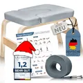 Produktbild: VALENESS® Yoga Kopfstandhocker - Hochwertiger Yoga Hocker inkl. Yogagurt, Yogablock & Übungsposter - Yoga Stuhl zur Handstand-Übung aus massivem Naturholz - (Textil grau, wasserabweisend)