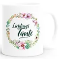 Produktbild: Kaffee-Tasse Geschenk-Tasse für Tante Lieblingstante Blumen Bordüre Blumenranke Blüten Familie MoonWorks® weiß unisize
