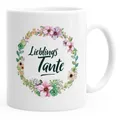 Produktbild: MoonWorks Tasse Kaffee-Tasse Geschenk-Tasse Geschenk für Tante Lieblingstante Blumen Bordüre Blumenranke Blüten Familie MoonWorks®, Keramik