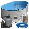 Produktbild: Stahlwand Ovalpool-Set (L x B x T) 5,25 m x 3,20 m x 1,20 m, Pool Made in Europe, mit Edehlstahlleiter für Tiefbecken, SF133 Sandfilteranlage mit 6 m³/h, Einbauskimmer, Filtersand, Poolschlauch