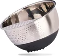 Produktbild: Reishunger Reis Waschschüssel aus Edelstahl (Schwarz) - Sieb zum Waschen von Reis und Gemüse - Mit rutschfestem Silikonfuß