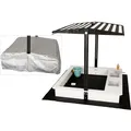 Produktbild: WONDERMAKE Design Sandkasten mit Matschküche, Dach, Abdeckung OXFORD 420D, Vliesfolie, Sandkiste Holz quadratisch verschließbar Outdoor Garten für Kinder, schwarz weiß