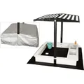 Produktbild: WONDERMAKE® Design Sandkasten mit Matschküche, Dach, Abdeckung OXFORD 420D, Vliesfolie, Sandkiste Holz quadratisch verschließbar Outdoor Garten - Weiß/Schwarz/Silber
