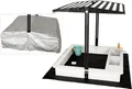 Produktbild: WONDERMAKE® Design Sandkasten mit Matschküche, Dach, Abdeckung Oxford 420D, Vliesfolie, Sandkiste Holz quadratisch verschließbar Outdoor Garten für Kinder, schwarz weiß