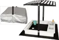Produktbild: WONDERMAKE Sandkasten mit Abdeckung Deckel Dach, 2x Matschküche, Boden Vlies Sandkiste Holz, Design mit Bank quadratisch verschließbar Outdoor Garten schwarz weiß