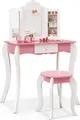 Produktbild: GOPLUS 2 in 1 Kinderschminktisch aus Holz, Frisiertisch mit robuster Hocker, Schublade und Abnehmbarer Spiegel, Kosmetiktisch mit Kippsicherung, Weiß+Rosa