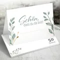 Produktbild: 50x Tischkarten Hochzeit Eukalyptus Design Edition – Schön dass du da bist – Platzkarten Grün Gold für Hochzeit, Geburtstag, Taufe, Kommunion – Botanisch, Klappkarten von Funke & Brand