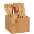 Produktbild: Bambus Besteck Set, Je 10 X Messer, Gabel, Löffel & Teelöffel, Besteckhalter, Wiederverwendbar, 41-tlg., Natur - Relaxdays