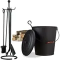 Produktbild: 6 tlg Kamin-Set, Ascheeimer mit Deckel, Kaminbesteck 5-teilig, mit Schaufel, Besen, Schürhaken, Zange u. Halter, schwarz