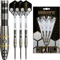 Produktbild: Unicorn Hexium Style 1 | 90% Tungsten Black Bomb/Spring Onion Front-Loaded Barrels with Gold Rings | Steel Tip Darts Set | Durable Stunning Ultrafly Flights | Noir Black Volute Points | 24g