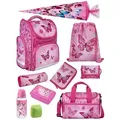 Produktbild: Mädchen Schulranzen 1. Klasse in Rosa mit Butterfly Schmetterlinge Motiv 10tlg. Schultaschen Set mit Sporttasche und Schultüte / Zuckertüte - Rosa