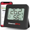 Produktbild: ThermoPro TP357B 80m Bluetooth Hygrometer Innen Thermometer für Innenräume mit APP Mini Luftfeuchtigkeitsmesser mit Smiley-Indikator Datengrafik für Büro, Weinkeller, Gewächshaus Schwarz