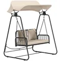 Produktbild: Outsunny Hollywoodschaukel Rattan 2-Sitzer Gartenschaukel mit verstellbar Sonnendach Kissen Hängebank bis 240 kg belastbar Hängeschaukel Schaukelbank für Garten Balkon 149 x 121 x 180 cm Khaki