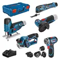 Produktbild: Bosch Professional 12V System Combo Kit: GSR 12V-15 FC (+4x Aufsätze) + GHO 12V-20 + GWS 12V-76 + GST 12V-70 + GOP 12V-28 (inkl. 2x 2.0Ah, 3.0Ah Akku, Ladegerät GAL 12V-40, XL-BOXX)
