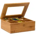 Produktbild: Relaxdays Teebox 10019145-406 für Teebeutel, braun, aus Bambus, mit Sichtfenster und Klappdeckel, 22 x 16 x 9 cm, 6 Fächer