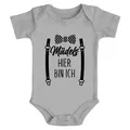 Produktbild: MoonWorks Body Baby Body Fliege mit Spruch lustig Mädels hier bin ich Bio-Baumwolle grau 3-6 Monate