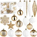 Produktbild: BRUBAKER 50 Stück Premium Christbaumschmuck - Weihnachtskugel Set mit Glitzer Kugeln, Schneeflocken, Eiszapfen und Tannenzapfen - Baumkugel Baumschmuck für Weihnachtsbaum - Gold und Weiß