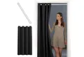 Produktbild: tinycurtains Türvorhang mit Stange weiß 70-120 cm Thermo Vorhang ohne Bohren, blickdicht, Ösen, verdunkelnd, Polyester, blickdicht, Schwarz Eclipse, Türgardine mit Klemmstange verdunkelnd