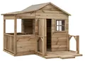 Produktbild: Belladoor Braun Grün Spielhaus Laura Kesseldruckimprägniert Kiefer Holz Garten Spielhaus für Kinder, Robustes Wetterfestes Spielgerät mit Rutsche und Sandkasten, Spielturm mit Veranda