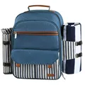 Produktbild: Sunflora Picknick Rucksack Set 4 Personen mit Isoliertem Kühlung und Decke, Picknickkorb 4 Personen für Camping Outdoor (Blau & Streifen)