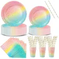 Produktbild: Nkaiso Partygeschirr 120 Stück Regenbogen Kindergeburtstag Mädchen Party Deko Zubehör Set ​Papier Geschirrset einschließlich Pappteller Gabeln Servietten für Hochzeiten Deko Jubiläums-24 Gäste