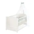 Produktbild: roba Babybett 70x140 cm Woodland Buddies – Umbaubares Kinderbett mit Zubehör – Inkl. Matratze, Himmel & Bettwäsche-Set 100x135 cm – Weiß/Grün – Für Babys & Kleinkinder