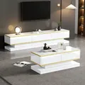 Produktbild: Merax Wohnwand Wohnzimmermöbel Set - TV Lowboard und Couchtisch, Wohnzimmer-Set mit Push-to-Open Schubladen, modern Hochglanz Weiß mit Goldrand