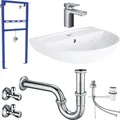 Produktbild: Waschbecken Komplettset Tulpe 55 cm mit Hansgrohe Armatur und Vorwandelement Ablaufgarnitur Siphon Schell Eckventil