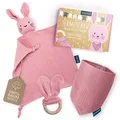 Produktbild: Amari ® Schmusetuch (Rosa Hase) mit Beißring und Lätzchen, Geburt für Junge und Mädchen - Baby Geschenk Neugeborene - Schnuffeltuch Babygeschenke Set zur Babyparty