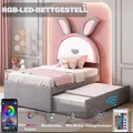 Produktbild: Kinderbett Polsterbett 90 x 200 cm LED-Licht Samtstoff Multifunktionales, Einzelbett-Schlafsofa mit ausziehbarem Bett, Stauraumschublade