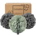 Produktbild: myHomeBody Großer 70g Luffaschwamm, Body Scrubber, Badeschwamm, Sanfter Peeling Schwamm - Körperreinigungs- und Duschschwamm mit Aktivkohle - 2 Graphite Gray + 1 Sage Green, 3er Pack