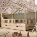 Produktbild: Crazy Pine Hausbett mit Schubladen 80x160 cm – Kinderbett aus Naturholz – Bodenbett mit Stauraum und Abnehmbarer Barriere - Crazy House - Naturbelassen