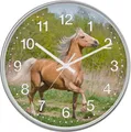Produktbild: Eurotime Quarzwanduhr, 30 cm, Kunststoffgehäuse Silber, Echtglasabdeckung, klares 12-Zahlen Zifferblatt mit Pferdemotiv, geräuscharmes Uhrwerk, kein Ticken, Wanduhr für Kinderzimmer, 82705-07