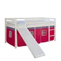 Produktbild: Homestyle4u Kinderhochbett 90x200 mit Rutsche Hochbett für Mädchen Weiß aus Kiefer Massivholz, Vorhang Pink, Leiter und Absturzsicherung