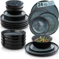 Produktbild: SÄNGER Manila | Tafelservice 24 teilig, Steingut Geschirr Set 6 Personen, 6x Teller Set 6x Frühstücksteller 6x Tiefe Teller 6x Pastaschalen blau mit schwarzem Rand | VALUE COLLECTION