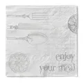 Produktbild: Sovie HORECA Serviette ELISABETH Silber-Weiß, 3-lagiges Tissue, 40 x 40 cm, 1/4 Falz, 100 Stück, Design mit silberfarbenem Besteck & Schriftzügen „guten appetit“ & „enjoy your meal“