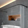 Produktbild: Duschvorhangstange L Form & Duschstange U Form 6 in 1 System inkl. 12 Ringe - Stabile Winkelstange Duschvorhang ohne Deckenhalterung - Duschstange Ecke Rostfrei - Duschvorhangstange Badewanne & Dusche