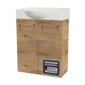 Produktbild: FACKELMANN Milano Gäste-WC Set 2 Teile – Waschtischunterschrank in Holz Braun mit Waschbecken aus Keramik – SBC Waschbeckenunterschrank schmal – 2 Türen – Hahnloch Links – 55 cm breit