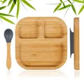 Produktbild: Relaxdays Kinderteller Bambus, mit Saugnapf, BPA-frei, rutschfest, Beikost Teller, unterteilter Babyteller, Natur/grau