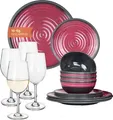 Produktbild: Melamin Camping Geschirr Set 4 Personen Stone Red + 4 Tiamo Weiß Weingläser Tafelgeschirr Picknick BBQ Kochgeschirr