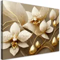 Produktbild: Feeby Leinwand Bilder - Bild Wohnzimmer - 3D Orchidee Blumen Gold - 90x60 1tlg - Deko Schlafzimmer Groß - Dekoration Canvas - Gemälde - Modern Wandbilder - Kunstdruck